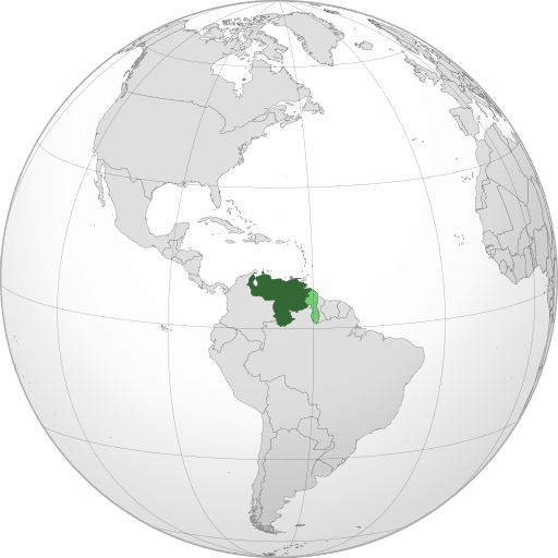 Land controlled by Venezuela presents in dark green; claimed but uncontrolled land portrayed in light green.