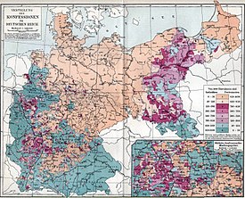 The religious situation in the German Empire about 1895. Tan, purple, and pink areas are predominantly Protestant, lilac and blue areas predominantly Catholic. Verbreitung der Konfessionen im deutschen Reich.jpg