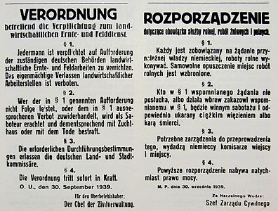 Aviso alemán del 30 de septiembre de 1939 en la Polonia ocupada con advertencia de pena de muerte por trabajos de desecho durante la cosecha.