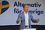 William Hahne talar på Alternativ för Sveriges möte på Långholmen i Stockholm den 11 augusti 2018.