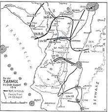 Carte des mouvements de troupes allemands, se concentrant vers la Lorraine.