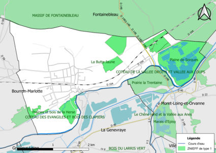 Carte des ZNIEFF de type 1 de la commune.