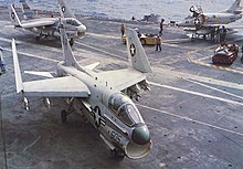 A-7Bs of CVW-16 on USS Ticonderoga in 1968 A-7B A-4C CVW-16 CVA-14 1968.jpg