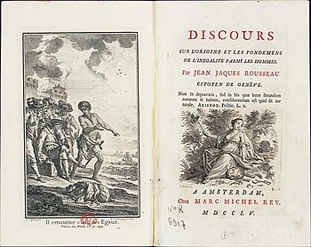 Page de garde du « Discours sur l'origine et les fondements de l'inégalité parmi les hommes  » de Jean-Jacques Rousseau, fruit d'un concours lancé par l'Académie de Dijon