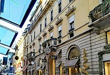 Christmas decorations and lights adorn Via Monte Napoleone, Quadrilatero della moda, Milan, Italy Decorations and lights adorn the Via Monte Napoleone in Milan.jpg