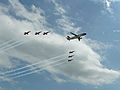 A320 (HB-IJV) der Edelweiss Air im Formationsflug mit 6 F-5E Tiger II der Patrouille Suisse beim Pistenfest anlässlich des 75-jährigen Bestehens des Flugplatzes Birrfeld