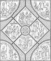 Détail de la 5e verrière du déambulatoire de la cathédrale de Chartres (v. 1210-1225), gravure d'après un dessin de Paul Durand effectué sous la direction de Jean-Baptiste Lassus, 1867.