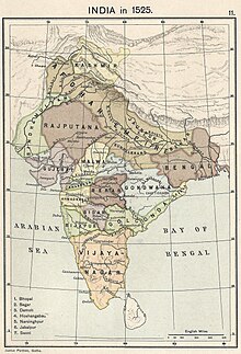 India in 1525 just before the onset of Mughal rule Joppen map-India in 1525 published 1907 by Longmans.jpg