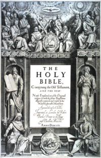 The title page's central text is:"THE HOLY BIBLE,Conteyning the Old Testament,AND THE NEW:Newly Translated out of the Originall tongues: & with the former Translations diligently compared and revised, by his Majesties speciall Comandement.Appointed to be read in Churches.Imprinted at London by Robert Barker, Printer to the Kings most Excellent Majestie.ANNO DOM. 1611 ."At bottom is:"C. Boel fecit in Richmont.".