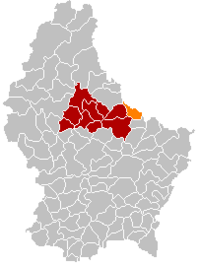 Map of Luxembourg with Reisdorf highlighted in orange, and the canton in dark red