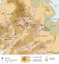Mercian monasteries Mercia map.svg