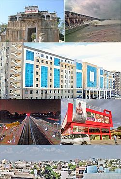 Montage of Nizamabad Sidewise from top left: Nizamabad Fort, Sriram Sagar Project, Government Hospital, Nizamabad railway station, Usha Prasad Multiplex, Nizamabad East view.