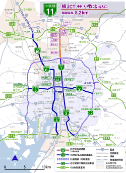 名古屋高速と周辺有料道路のルート図。青線が名古屋高速で、そのうちのオレンジ線が11号小牧線。