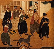 Portuguese Nanbanjin arriving at Japan much to the surprise of locals, detail from a Nanban panel of the Kano school, 1593-1600 Namban-08.jpg