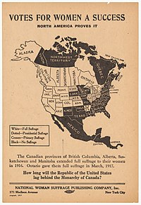 A promotional map of the woman's suffrage movement in the U.S. and Canada by 1917. The U.S. states and Canadian provinces that had adopted suffrage are colored white (or dotted and crosses, in case of partial suffrage) and the others black. National Woman Suffrage Publishing Co., Votes for Women a Success 1917 Cornell CUL PJM 1193 01.jpg