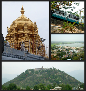 Ikut jam atas kiri: Gopuram Kuil Palani, Kereta kabel mendaki bukit, Sungai Shanmuga, Kuil di puncak.