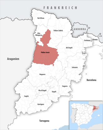 Die Lage der Comarca Pallars Jussà in der Provinz Lleida