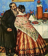 Boris Kustodiev's Pascha Greetings (1912) shows traditional Russian khristosovanie
(exchanging a triple kiss), with such foods as red eggs, kulich and paskha in the background. Paskhakustodiev.jpg