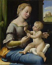 In the painting Madonna of the Pinks by Raphael, c. 1506-07, the Christ Child gives a pink flower to the Virgin Mary, symbolizing the union between the mother and child.