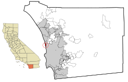 Location of Del Mar within San Diego County, California.