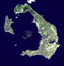 Volcano eruption at Thera, c. 1500 BC. Thera today Santorini Landsat.jpg