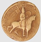Moulage d'un sceau représentant un chevalier à cheval, armé et avec un gonfanon où on aperçoit un damier