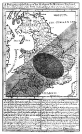 Halley's map of the path of the Solar eclipse of 3 May 1715 across England Solar eclipse 1715May03 Halley map.png