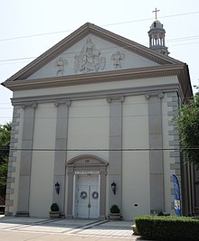 East Second Street elevation of St. John the Evangelist Church's Greek Revival façade