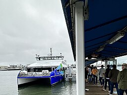 The Oakland Ferry “Cetus” loading passengers at the Oakland Ferry Terminal in June of 2023.