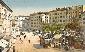 Piazza Barriera Vecchia (attuale piazza Garibaldi) in una cartolina d'epoca, motrice Union (101-160)
