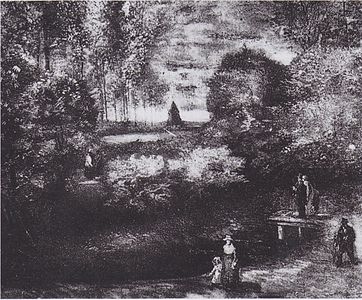 The Parsonage Garden at Nuenen with Pond and Figures, oil on panel, 1885, destroyed by fire in Rotterdam in the Second World War (F124, JH955)