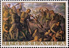 A 1976 Yugoslav postage stamp depicting the collapse of the Salonika front by war artist Veljko Stanojevic Veljko Stanojevic 1976 Yugoslavia stamp.jpg