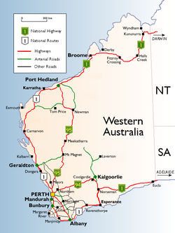 Western Australian cities, towns, settlements and road network. WAHighways.png