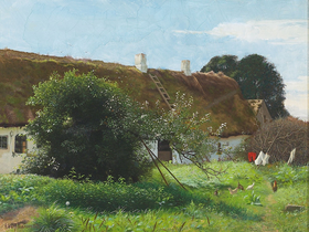 Landskab med stråtækt gård, i forgrunden høns, 1891
