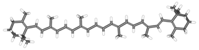 b-Carotene structure. Carotene is responsible for the orange colour of carrots and many other fruits and vegetables. BetaCarotene-3d.png