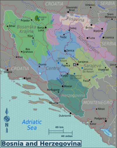 Mapa regionů Bosny a Hercegoviny