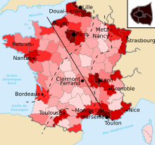 法國各行政區劃的人口密度圖，展示出空對角線的範圍。
