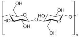 Celulóza, lineární polymer D-glukózových jednotek (zobrazeny jsou dvě) spojená β (1 → 4) -glykosidickými vazbami.