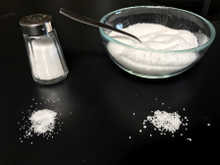 Comparison of table salt with kitchen salt. Shows a typical salt shaker and salt bowl with salt spread before each on a black background. Comparison of Table Salt with Kitchen Salt.png