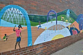 A mural at Edgerton Park depicting a diverse group of Edgertonians using the park's facilities.