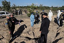 Exhumation at a mass grave in Lyman by the National Police of Ukraine, 9 October Exhumation in Lyman (2022-10-09) 01.jpg