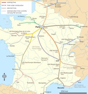 English: Map of French TGV lines in use and un...