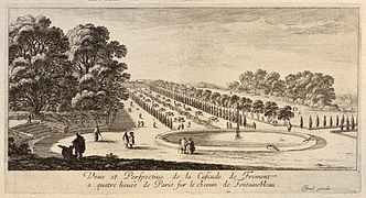 Vue et perspective de la cascade de Frémont, à quatre lieues de Paris sur le chemin de Fontainebleau. Milieu du XVIIe siècle.
