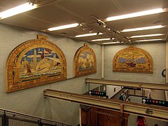 Artwork on the walls of the eastern section the IND transfer mezzanine at the Fulton Center, facing the IND platform Fulton St art 2 vc.jpg