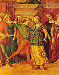 Renaissancetanz „Gaillarde“, Detail aus „Antiochus und Stratonice“ des so genannten Meisters der Stratonike, Siena, 15. Jahrhundert