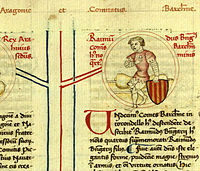 Vänster: Vapensköld med Senyal Reial, det kungliga tecknet, från en bild daterad 1380. Höger: Symbolen syntes för första gången på vapenskölden som Ramon Berenguer IV bar, presenterat på ett dokumentsigill 2 september 1150.