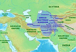 Une carte de l'Asie centrale avec indiqués les trois royaumes séleucide, parthe et gréco-bactrien