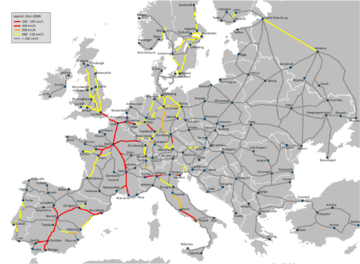 High-speed lines in Europe.      320–350 km/h      300 km/h      250–280 km/h      200–230 km/h