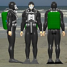 3 views of a frogman with a Soviet-designed IDA71 rebreather set, with keeper plate to clip a limpet mine to his chest. IDA71 3 on beach.jpg