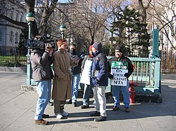 Picketers showed up at the Brooklyn Bridge and New York City Hall as part of an effort to generate publicity. Image-2005 NYC transit strikers.jpeg